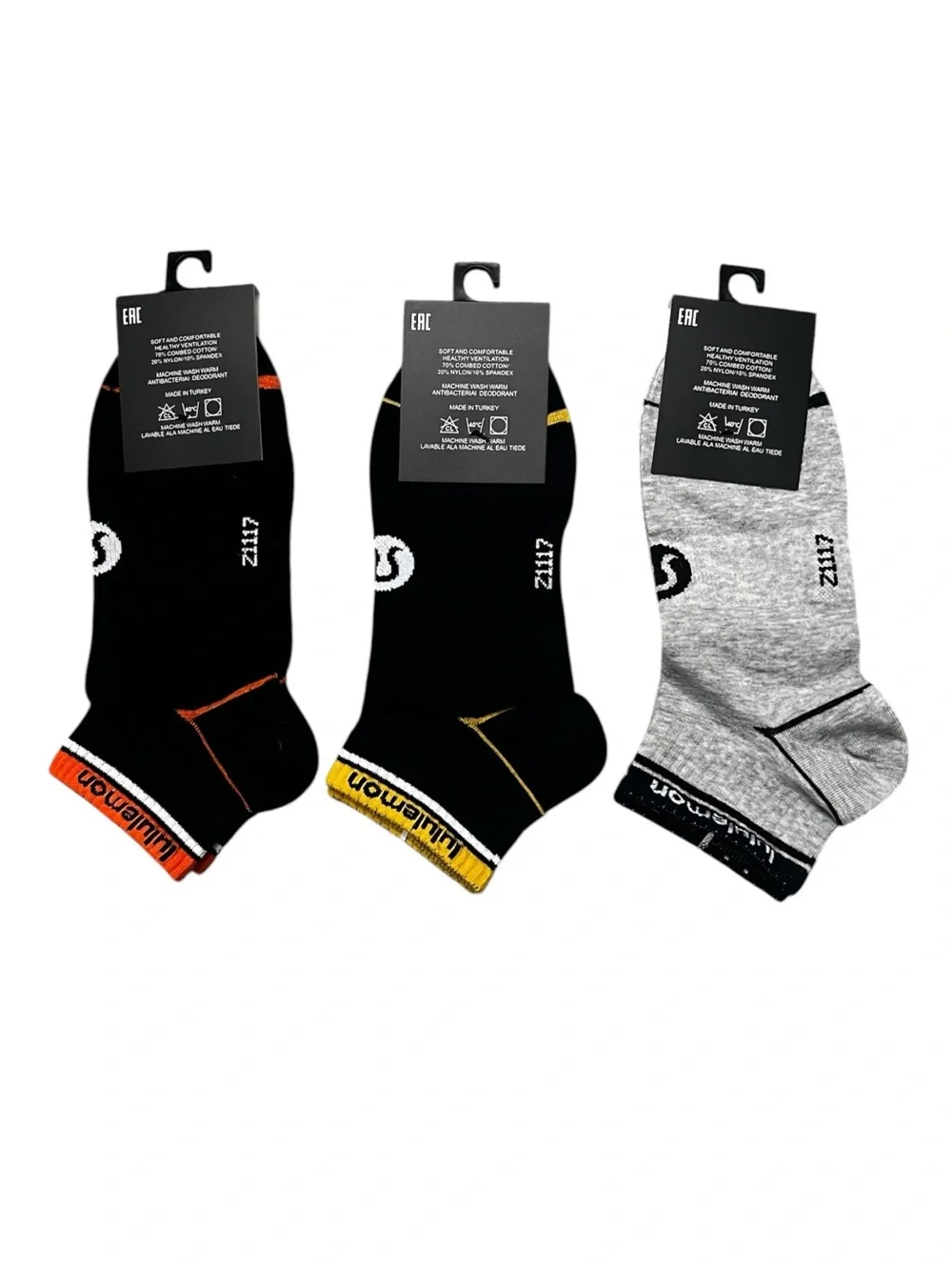 Bundle of 3 Men’s Lululemon Quarter Socks M Orange Gray Yellow Athleisure